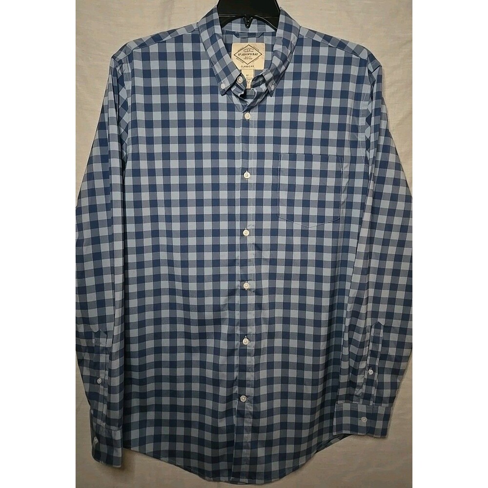 St John's Bay Classic Fit Long Sleeve Button Shirt, Men's Sz Lg Tall, Blue Check
